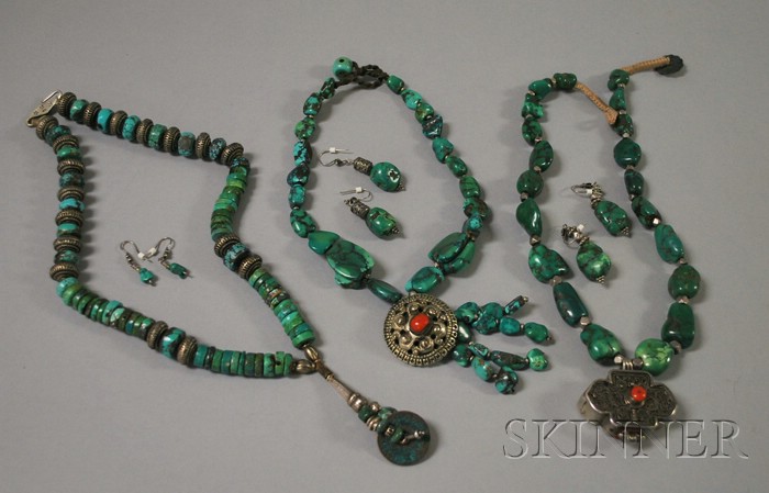 Appraisal: Group of Three Silver and Green Hardstone Bead Necklaces and