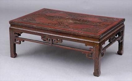 Appraisal: CHINESE MAROON LACQUER LOW TABLE The top with black strapwork