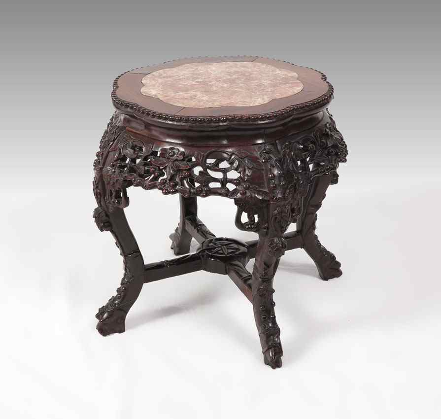 Appraisal: CARVED CHINESE JARDINIERE STAND Shaped top with inset marble Carved