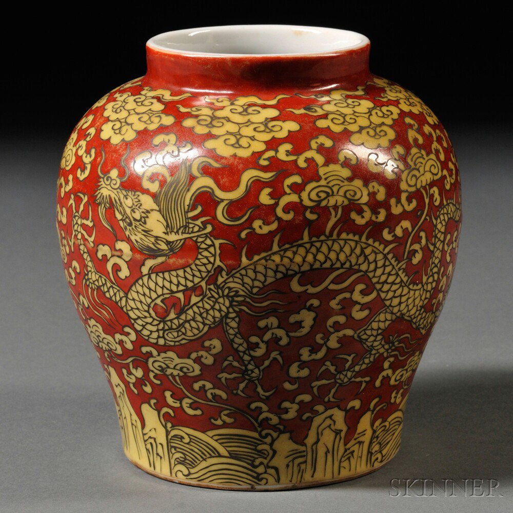 Appraisal: Red and Yellow Ming-style Dragon Jar China decorated with a