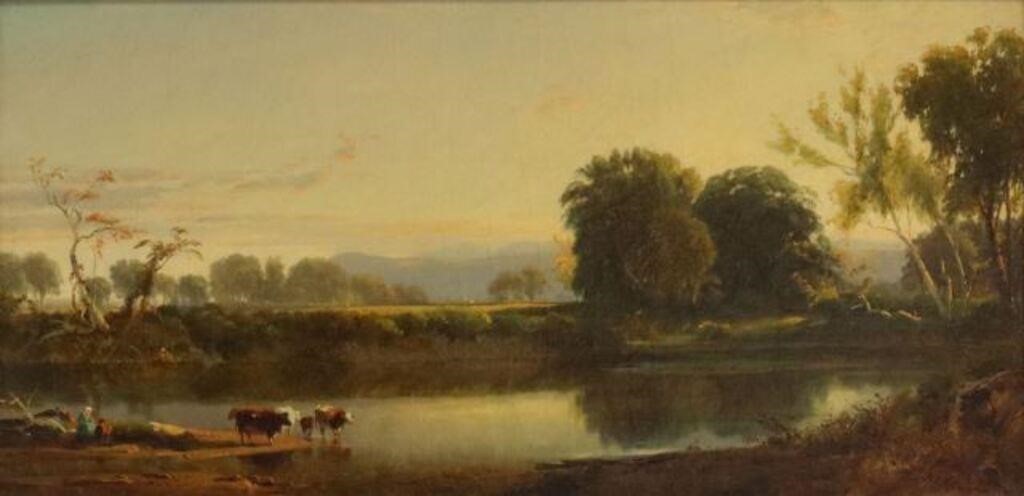 Appraisal: Framed oil on canvas painting River Landscape with Cattle signed