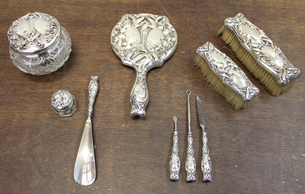 Appraisal: NINE PIECE ART NOUVEAU STERLING SILVER DRESSER SET Wm B