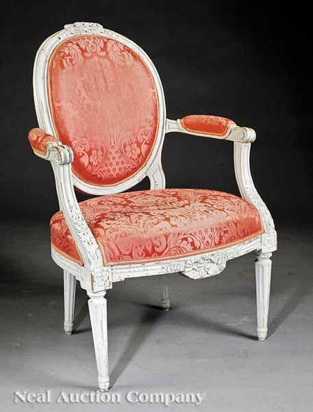 Appraisal: A Louis XVI Carved Cr me Peinte Fauteuil late th