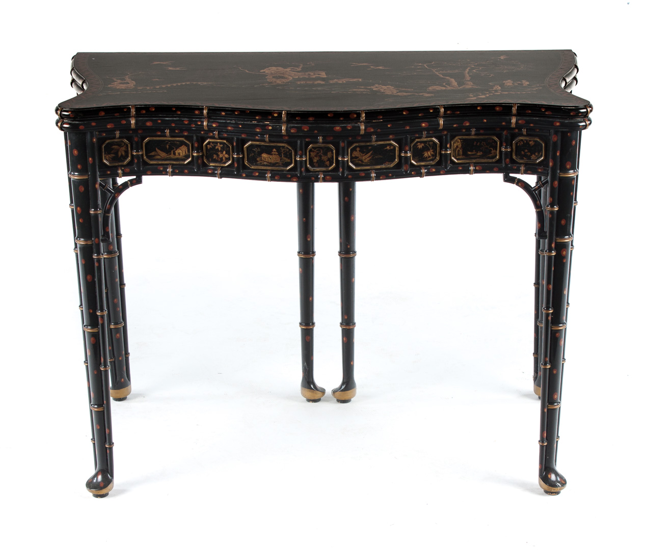 Appraisal: Baker Chinoiserie flip-top table th century Chinese Chippendale style ebonized