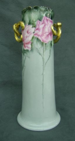 Appraisal: Austrian porcelain hand painted handled vase with floral rose decoration