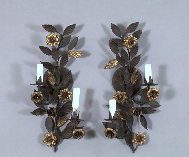 Appraisal: Pair of Italian Provincial Parcel-Gilt Black Wrought-Iron Two-Light Appliques of