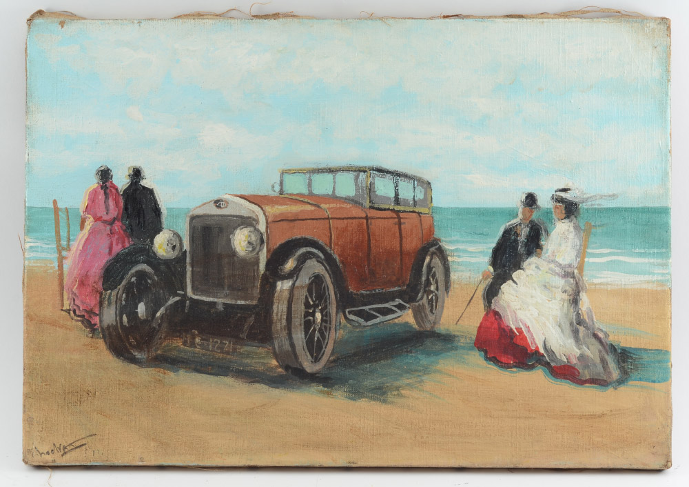 Appraisal: ILLEGIBLY SIGNED FRENCH BEACH PAINTING WITH OLD AUTOMOBILE AND FIGURES