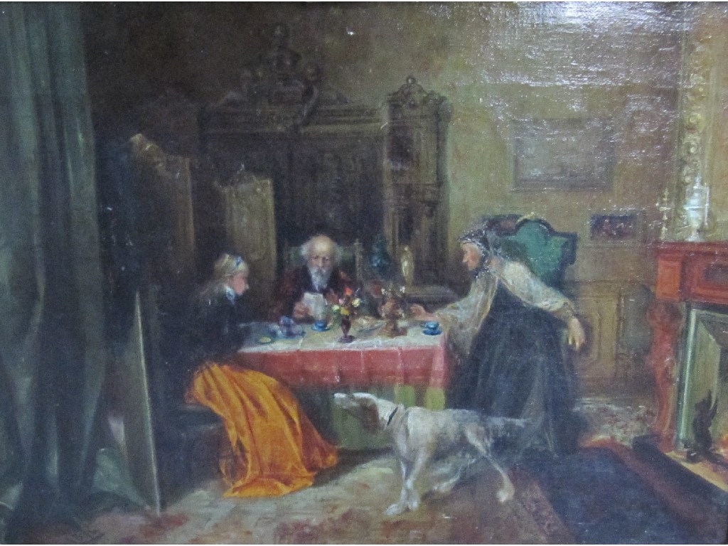 Appraisal: R BURNET Oil on canvas 'Reading a letter' signed and