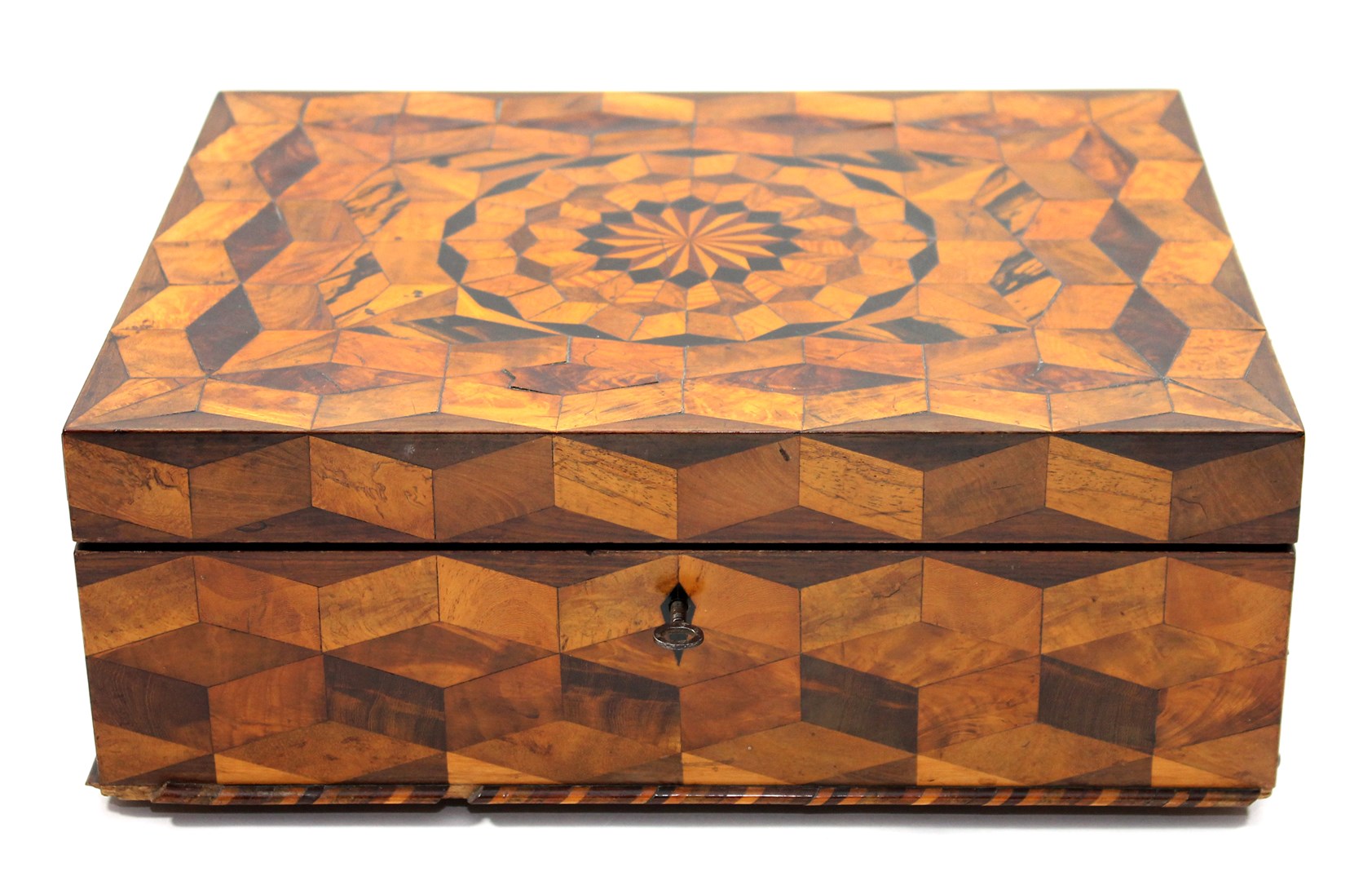 Appraisal: A th century specimen wood deceptive cube parquetry inlaid lift