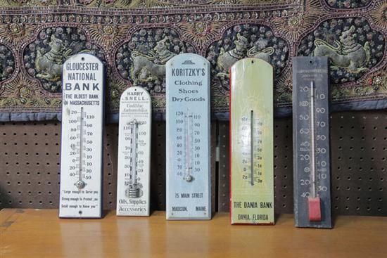 Appraisal: FIVE WOODEN ADVERTISING THERMOMETERS Including ''The Dania Bank'' Dania Florida