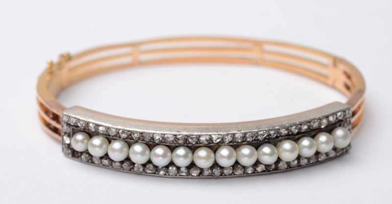 Appraisal: VICTORIAN K GOLD SILVER DIAMOND AND PEARL BANGLE x in