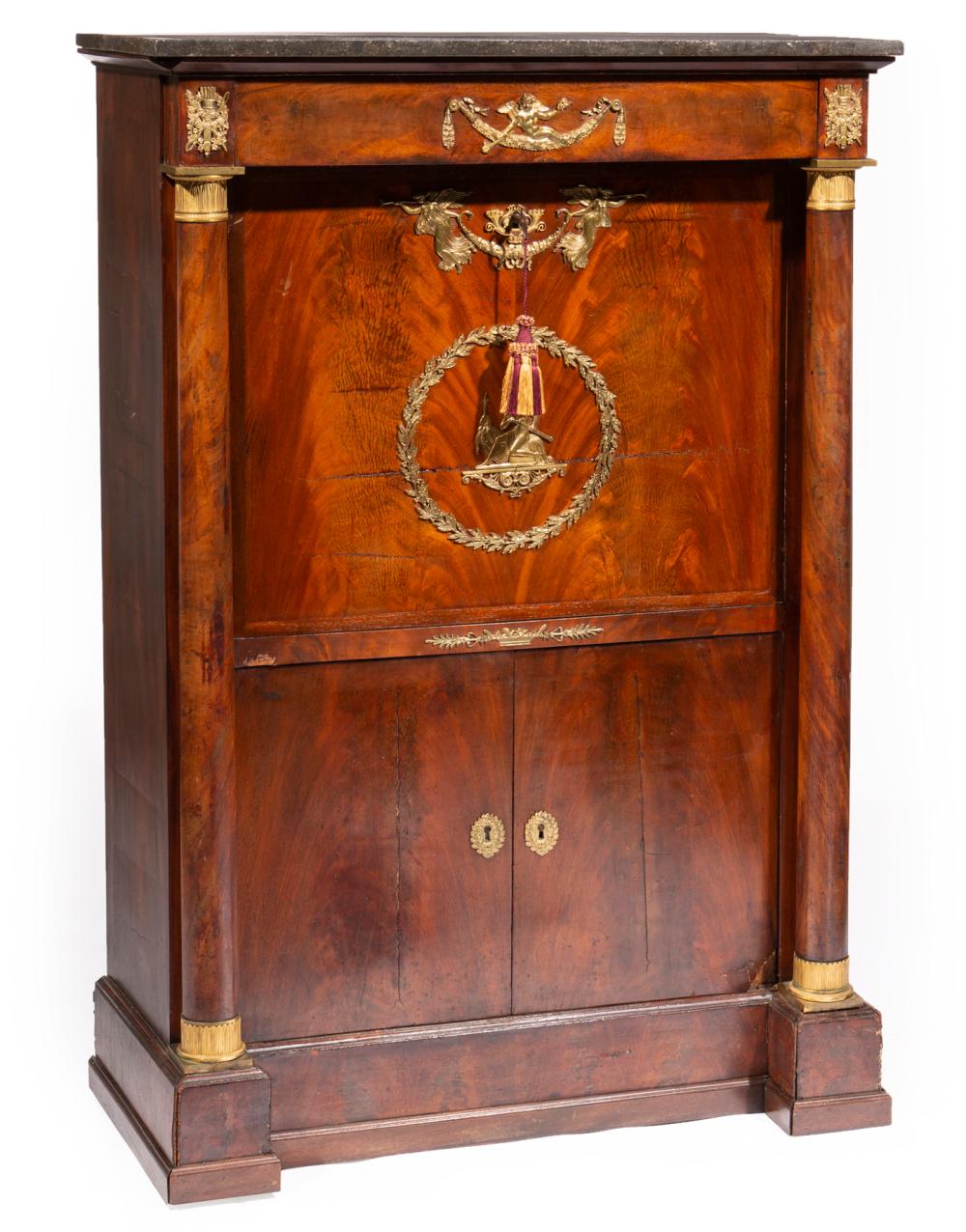 Appraisal: EMPIRE MAHOGANY SECRETAIRE ABATTANTEmpire Bronze-Mounted Figuraed Mahogany Secretaire a Abattant