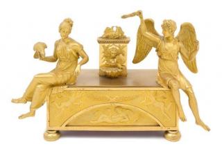 Appraisal: An Empire Gilt Bronze Figural Music Box Width inches An