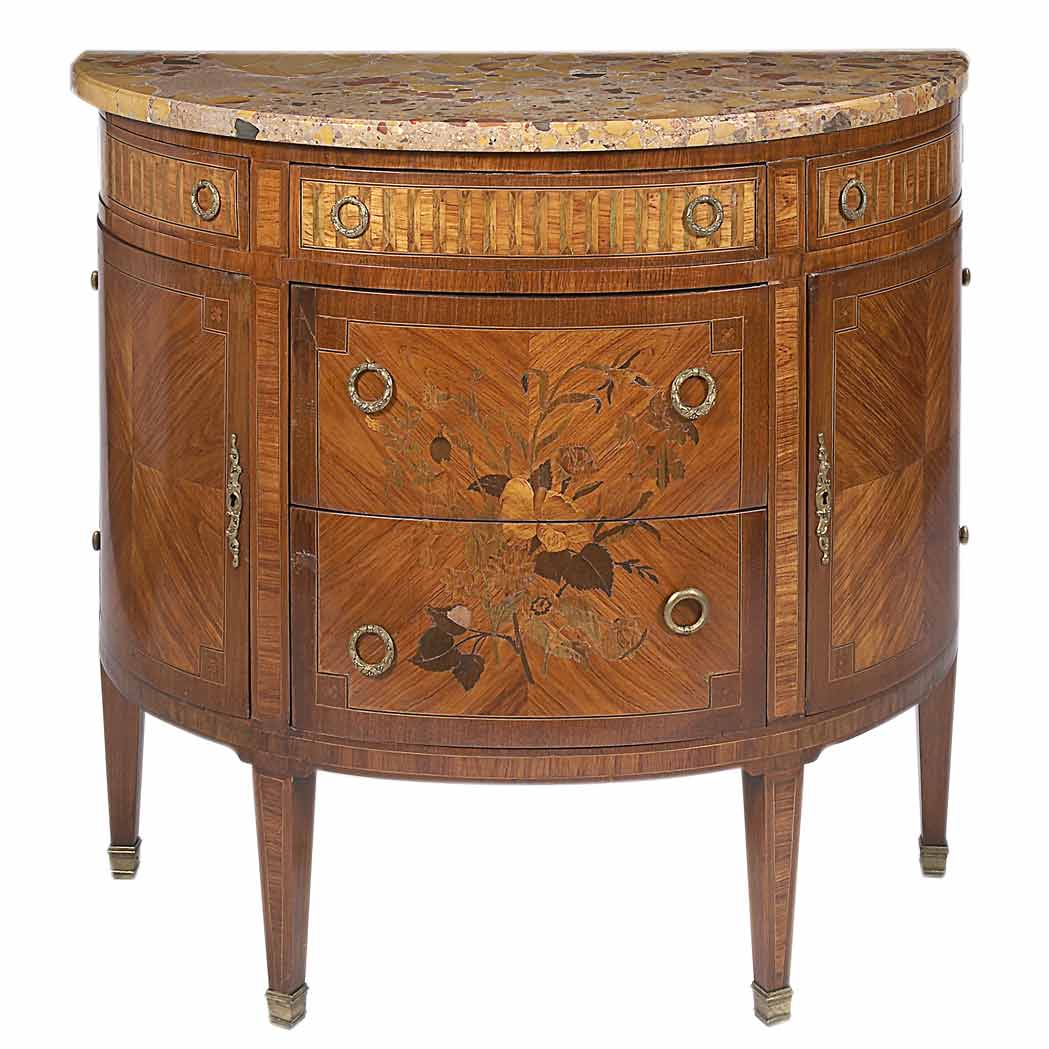 Appraisal: Louis XVI Style Marble Top Inlaid Fruitwood Cabinet Height inches