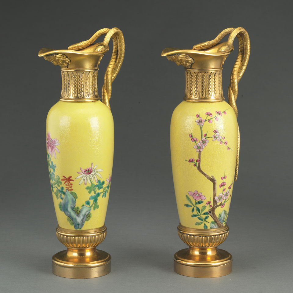 Appraisal: Fine Pair of Yellow Ground Painted Porcelain Vases with Ormolu