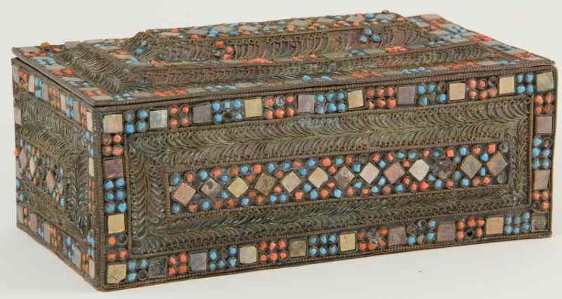 Appraisal: Jeweled Copper Cofferlikely th century rectangular form allover decoration with