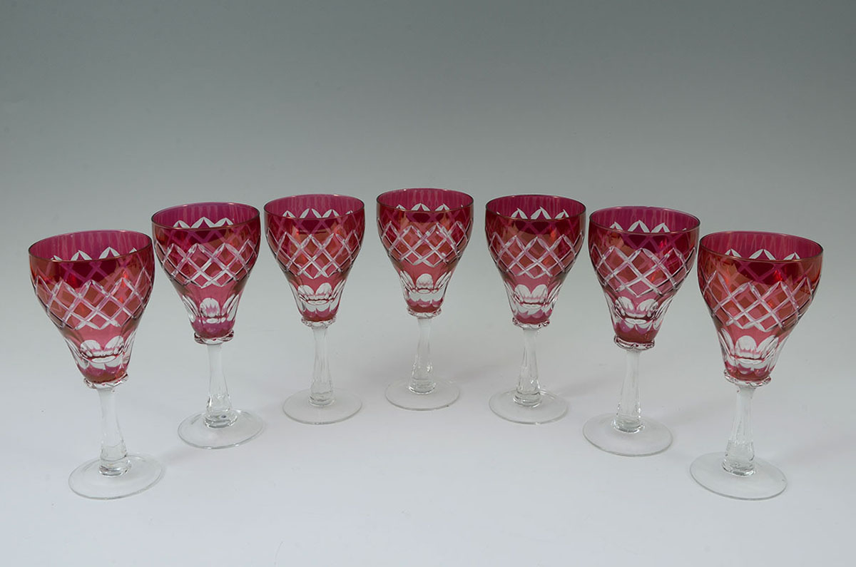 Appraisal: BOHEMIAN CRANBERRY CUT TO CLEAR WINE GLASSES Unmarked measures ''