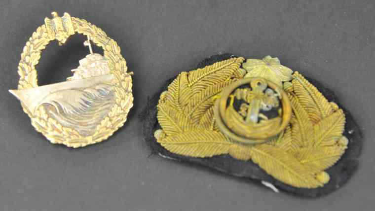 Appraisal: GERMAN OFFICERS EMBROIDERED CAP BADGE BATTLESHIP SERVICE BADGE Includes embroidered