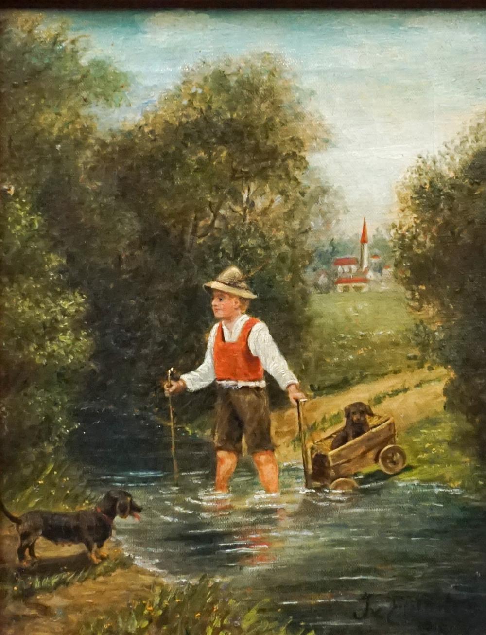 Appraisal: th Century School Boy in River Oil on Canvas Signed