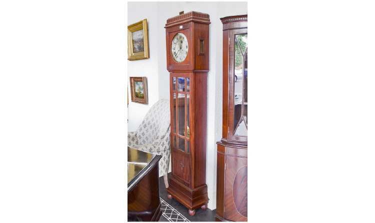 Appraisal: Mahogany Longcase Clock Silvered Dial With Roman Numerals Glazed Door