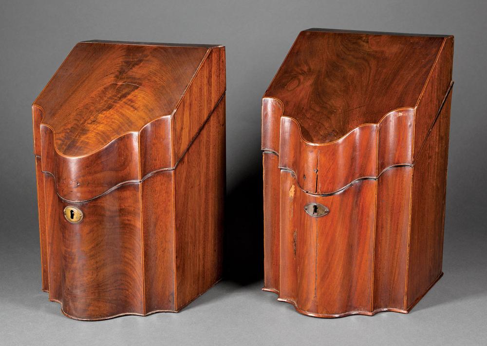 Appraisal: Pair of Antique English Mahogany Serpentine Front Knife Boxes fitted