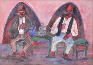 Appraisal: LUBIN Arieh Oil on Panel Hookah Smokers Signed in Hebrew