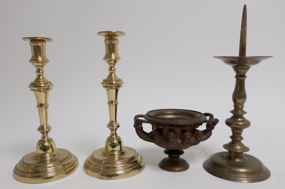 Appraisal: Georgian Candlesticks Pricket Stick Compote Candlesticks are brass Candlesticks H