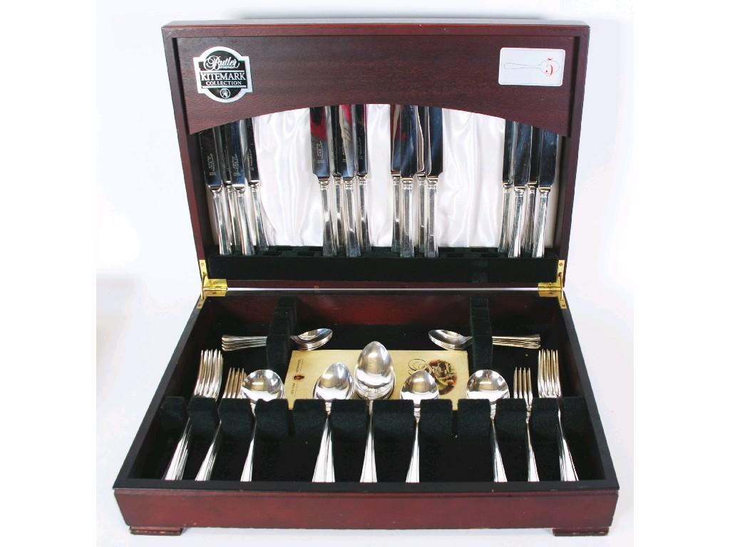 Appraisal: BUTTER' SHEFFIELD ELECTROPLATE TABLE CUTLERY FOR EIGHT PERSONS IN MAHOGANY