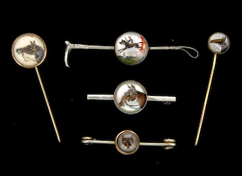 Appraisal: A Group of Intaglio Equestrian Pins This group includes a