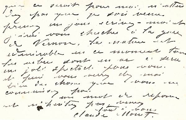 Appraisal: MONET CLAUDE - Autograph Letter Signed Claude Monet pp recto