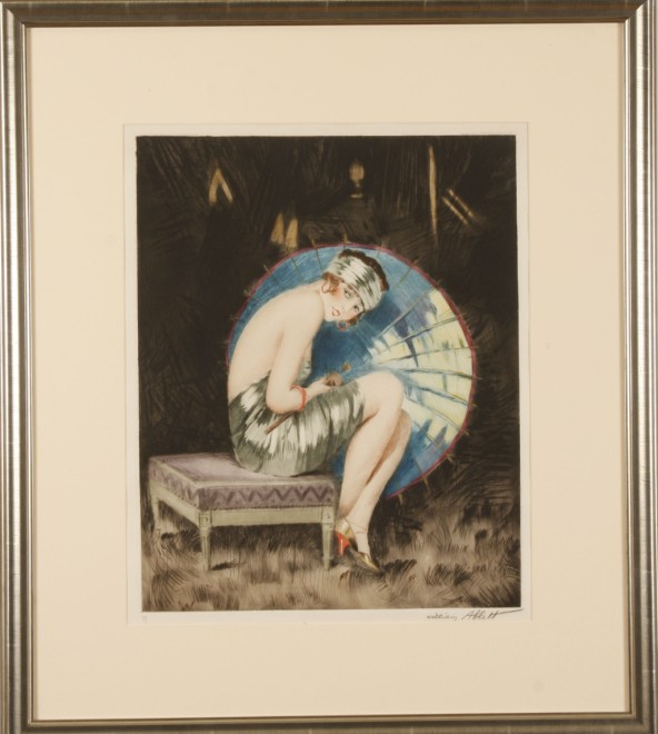 Appraisal: Blue Parasol color etching depicting young woman with parasol x