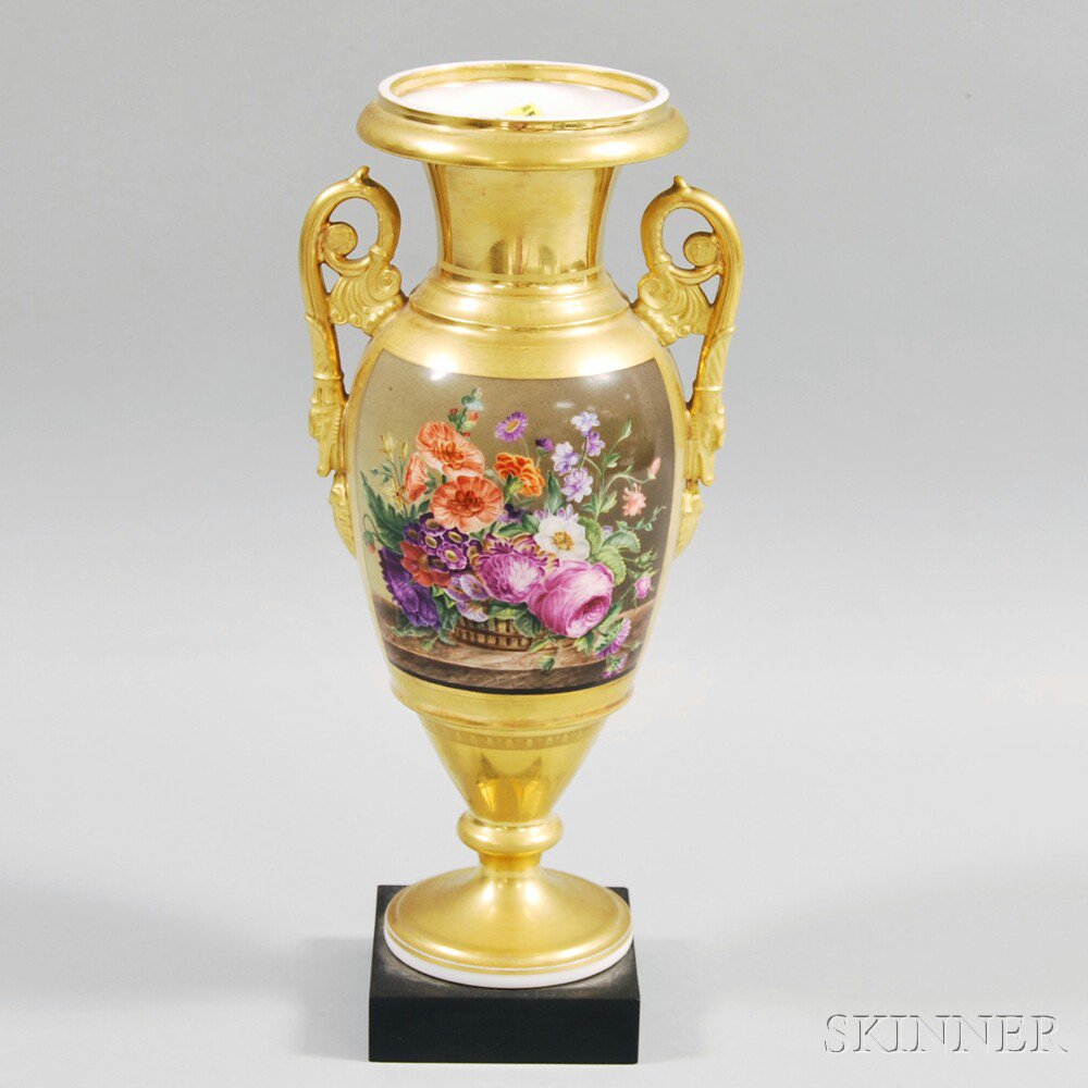 Appraisal: Parisian Gilded Porcelain Double-handled Vase th century with tablet of