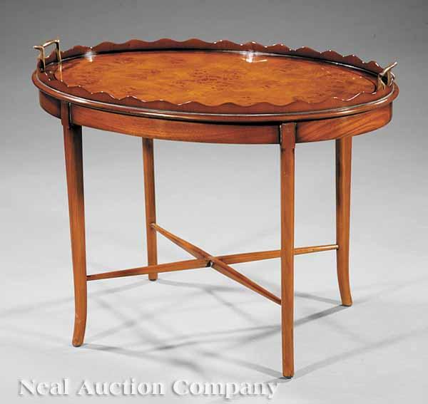 Appraisal: A Regency-Style Birdseye Maple Inlaid Tray on Stand shaped gallery