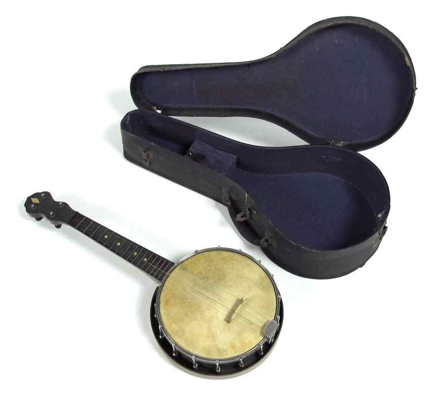 Appraisal: AMERICAN INLAID TENOR BANJO string with original skin inlaid mother