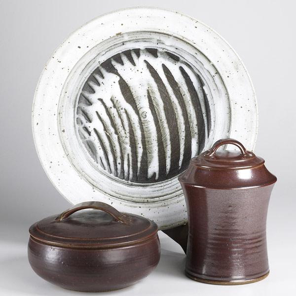 Appraisal: VAL CUSHING Stoneware charger covered jar and covered bowl All