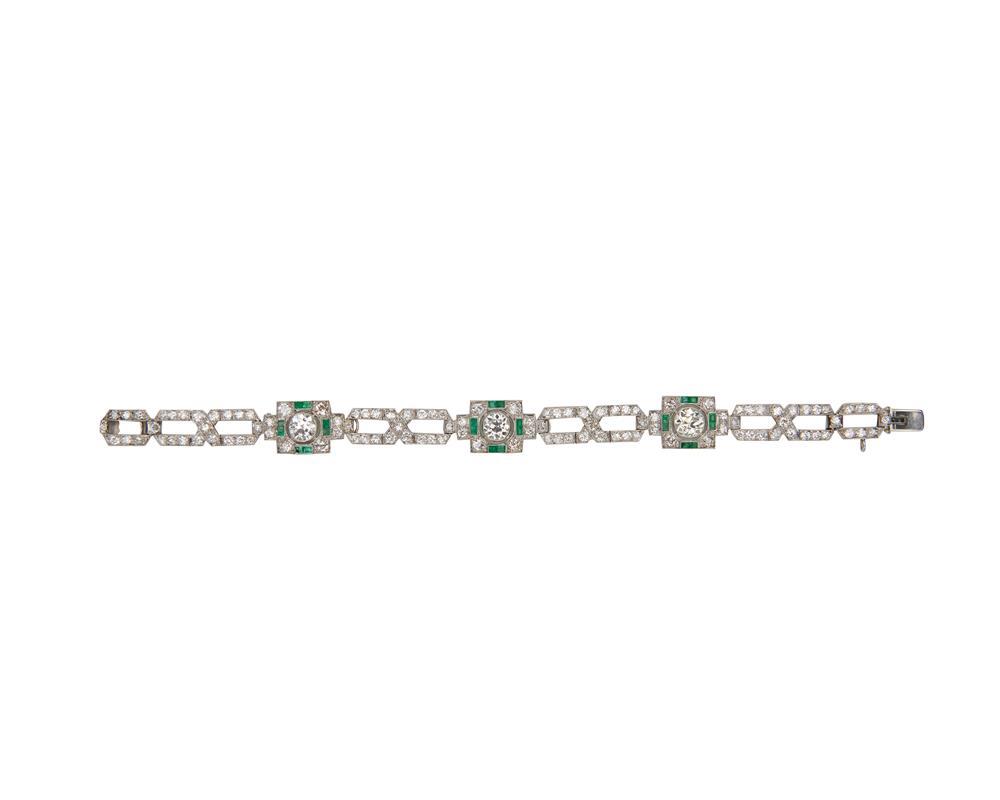 Appraisal: Platinum Diamond and Emerald Bracelet bezel-set with three old European-cut