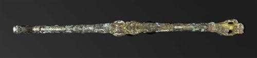 Appraisal: UNUSUAL BELT HOOK China Han-Dynasty L cm Bronze with remains