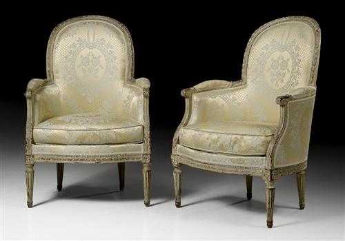 Appraisal: PAIR OF PAINTED BERGERES Louis XVI with the signature ANDRIOT