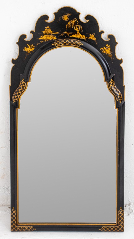 Appraisal: CHINOISERIE BLACK LACQUERED MIRROR Chinoiserie black lacquered mirror unmarked H