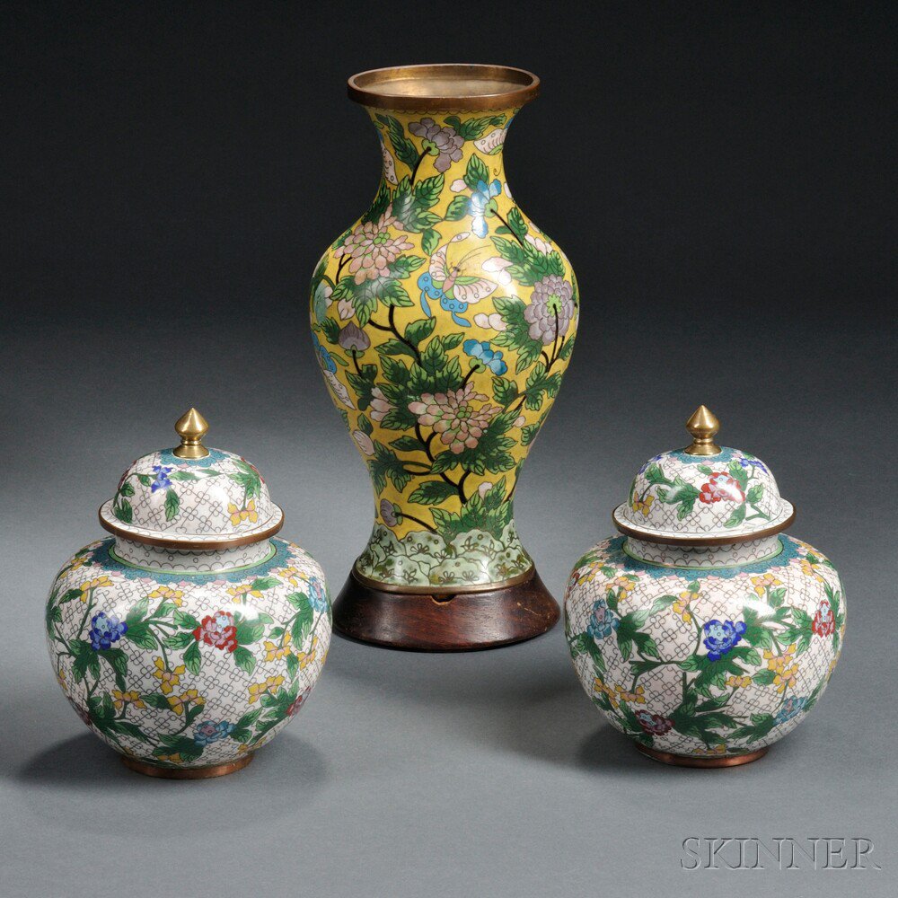 Appraisal: Three Cloisonne Jar Vases China th century a pair of