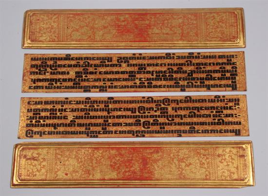 Appraisal: BURMESE GILT AND RED LACQUER PRAYING SHEETS - in long