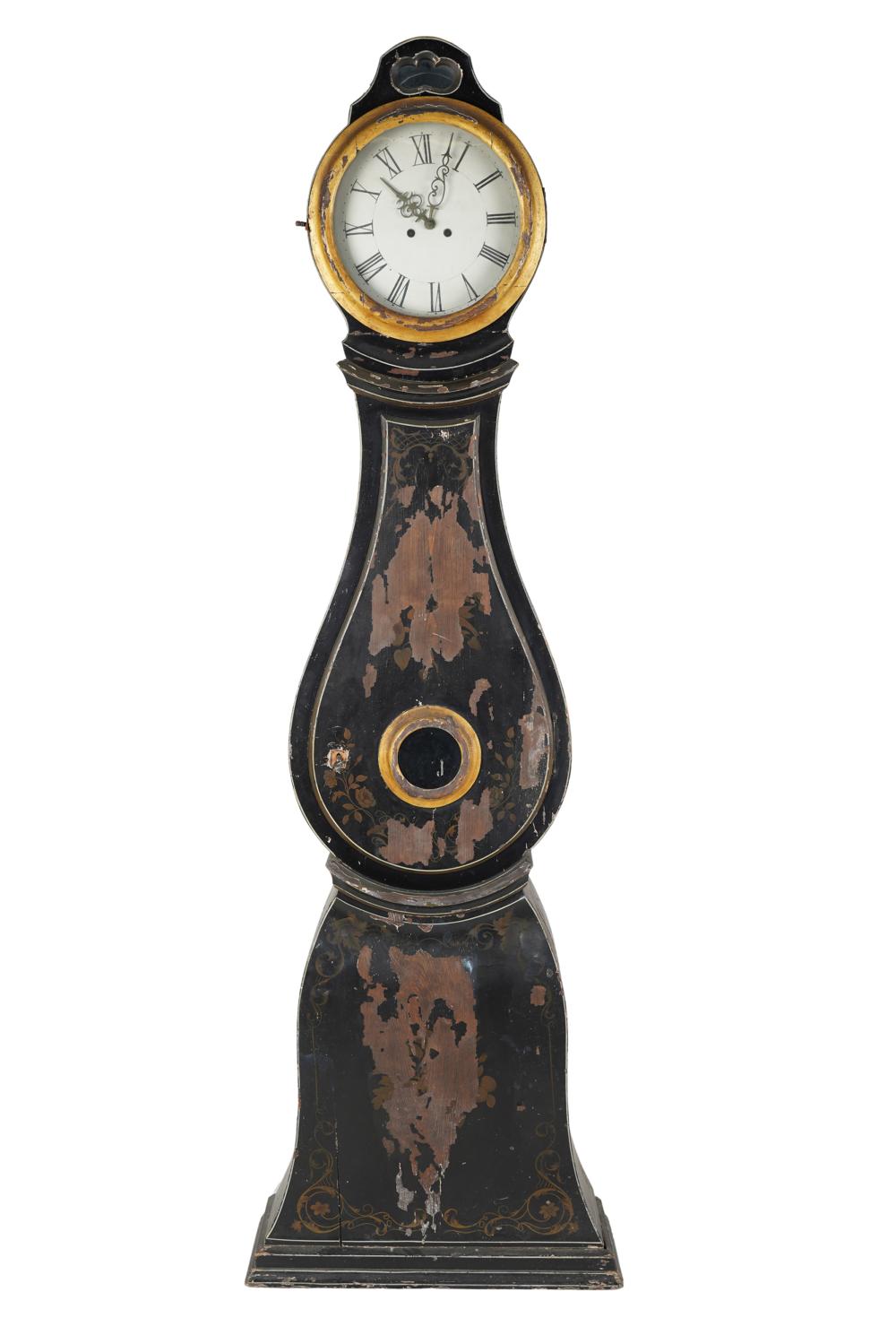 Appraisal: SWEDISH EBONIZED GILT-PAINTED TALL CASE CLOCKunsigned Condition with loss of