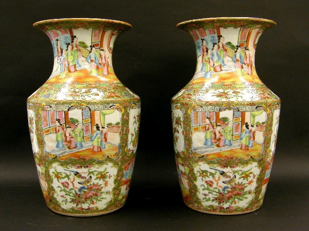 Appraisal: Pair of Cantonese rouleau style vases painted in typical palette