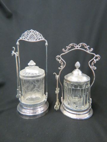 Appraisal: Victorian Silverplate Pickle Castors pattern glass inserts with tongs tallest