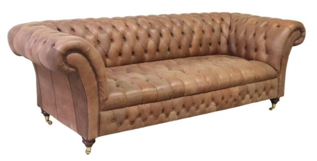 Appraisal: English Chesterfield style sofa th c in brown button-tufted leather