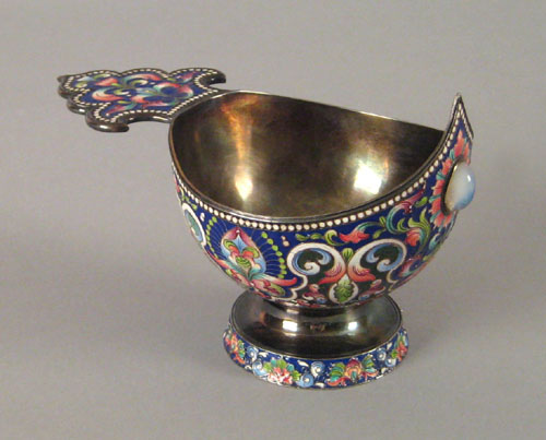 Appraisal: Russian silver and enamel decorated kovsh with an inlaid cabochon