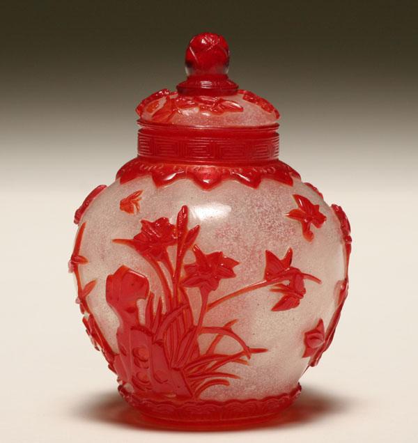 Appraisal: Peking lidded glass jar carved red florals with birds and