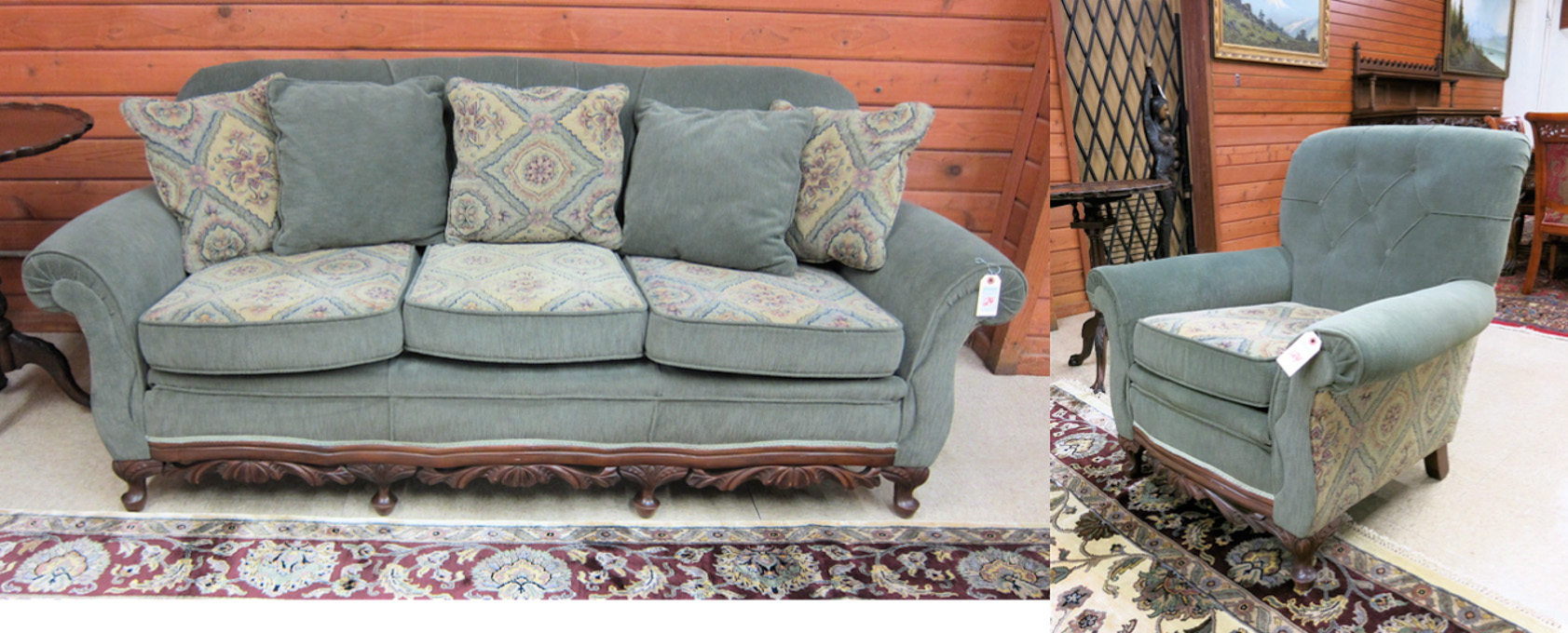 Appraisal: SOFA AND CHAIR SET American c s featuring a scroll-arm