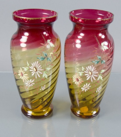 Appraisal: Pair of Amberina Mantle VasesWith internal swirls Decorated with enameled