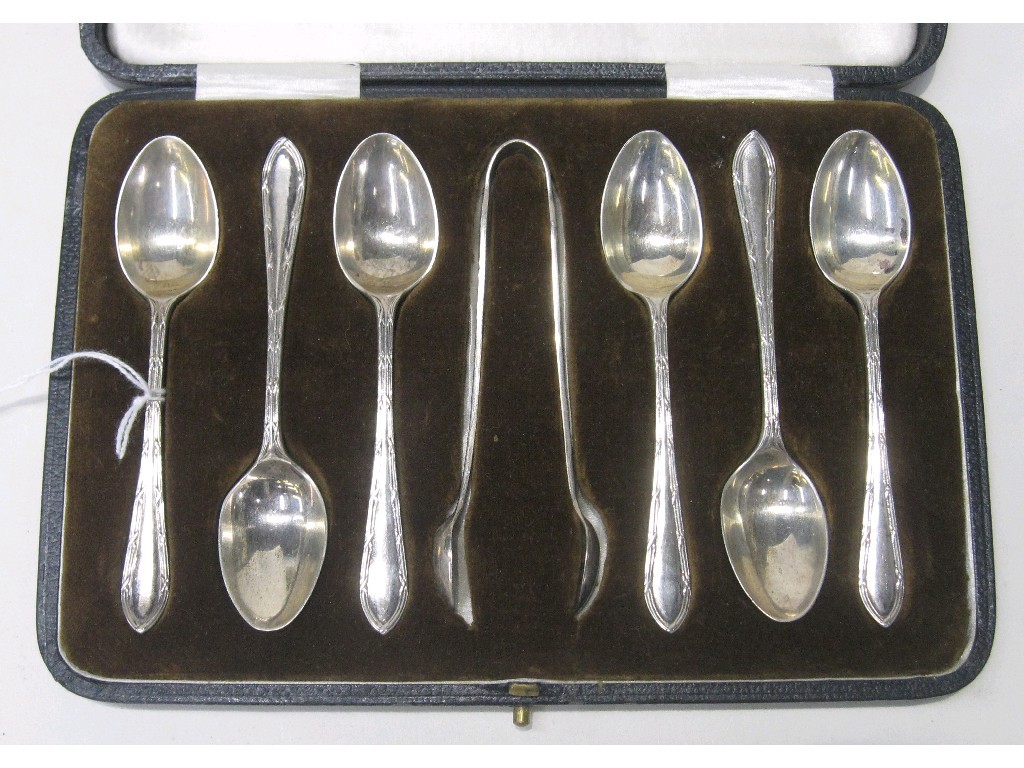 Appraisal: Cased set of six silver spoons with tongs Sheffield